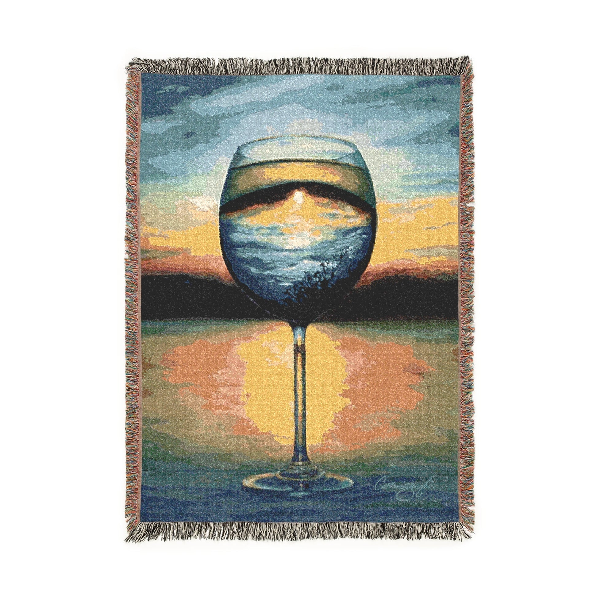 sunset in a glass cotton throw 52x37 back view showing woven texture and fringed edges