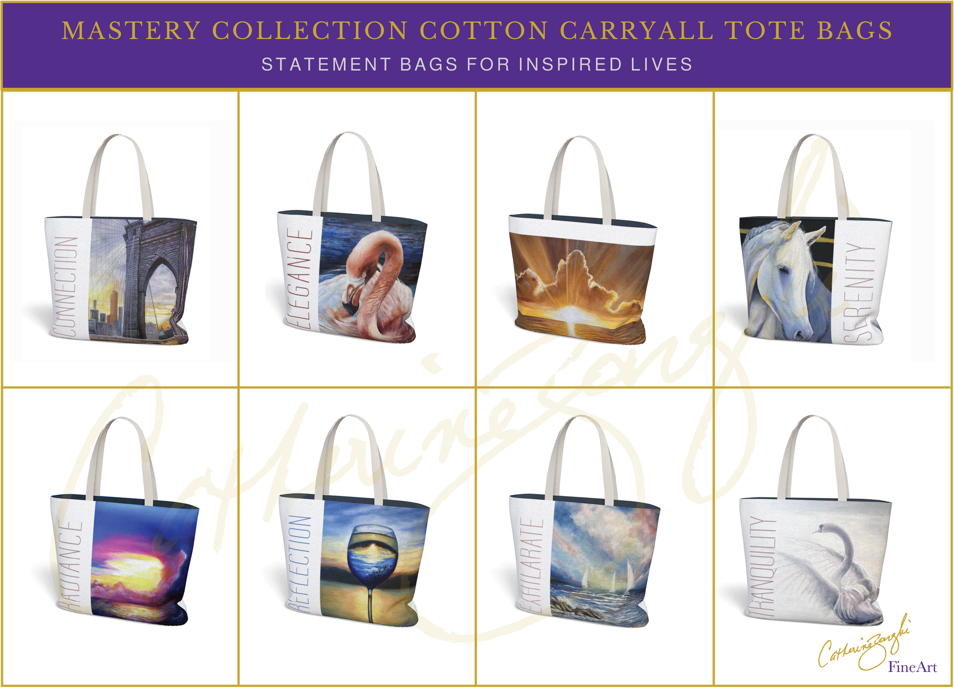Mastery Collection Cotton Carryall Tote Bags with various designs on a grid layout.