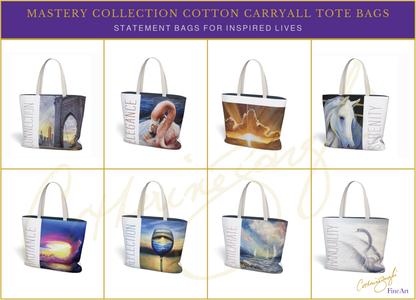 Mastery Collection Cotton Carryall Tote Bags with various designs on a grid layout.