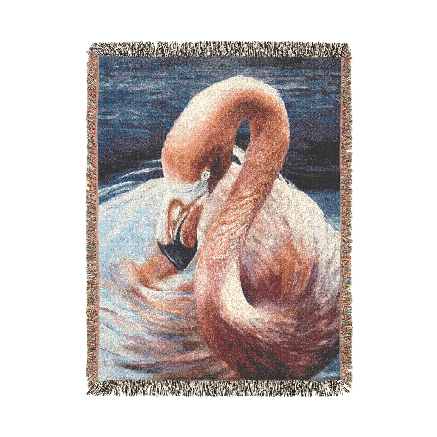 Woven blanket with a swan design on blue water and sky background. Size 37x52 inches