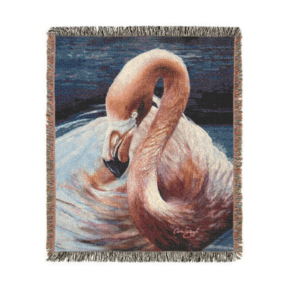 Woven blanket with a swan design on a white background. Size 50x60 inches