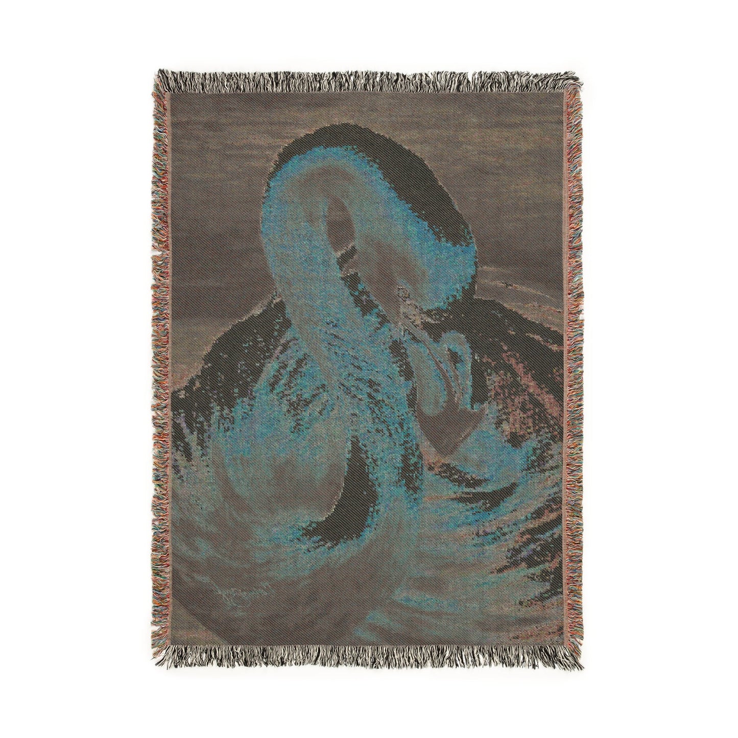Cotton woven art throw with a swan design on blue water and sky background, baack view.