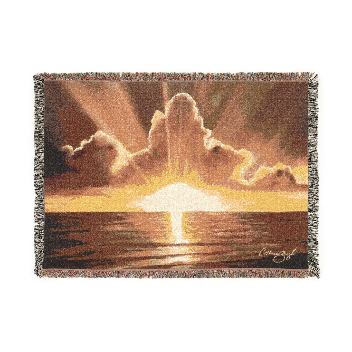golden awakening cotton throw 52x37 front view with sunrise artwork