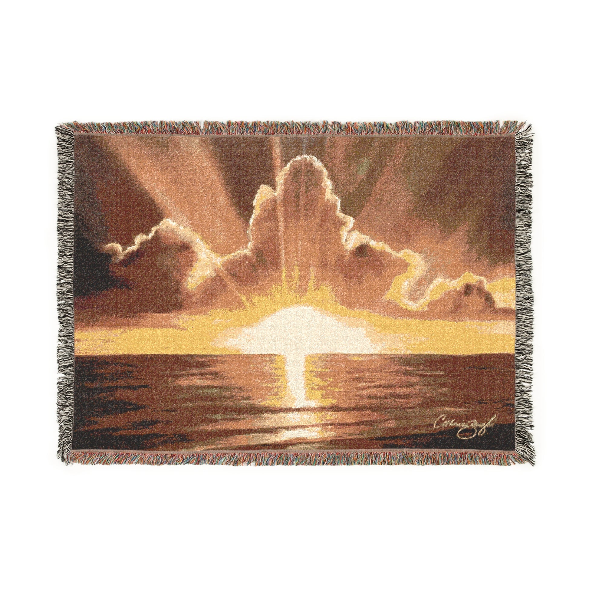 golden awakening cotton throw 52x37 front view with sunrise artwork