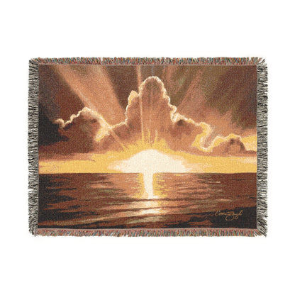 golden awakening cotton throw 50x60 front view with sunrise artwork