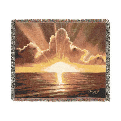 golden awakening cotton throw 80x60 front view with sunrise artwork