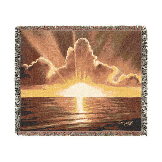 golden awakening cotton throw 80x60 front view with sunrise artwork