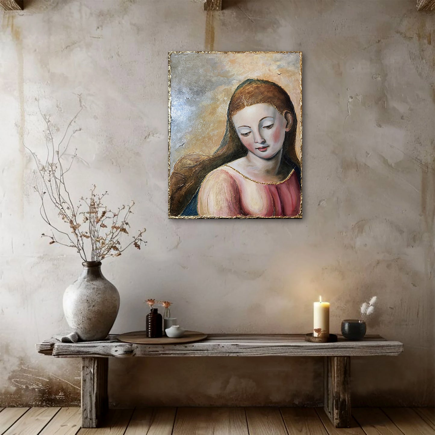 Renaissance Madonna on a textured wall above a wooden bench with decorative items.