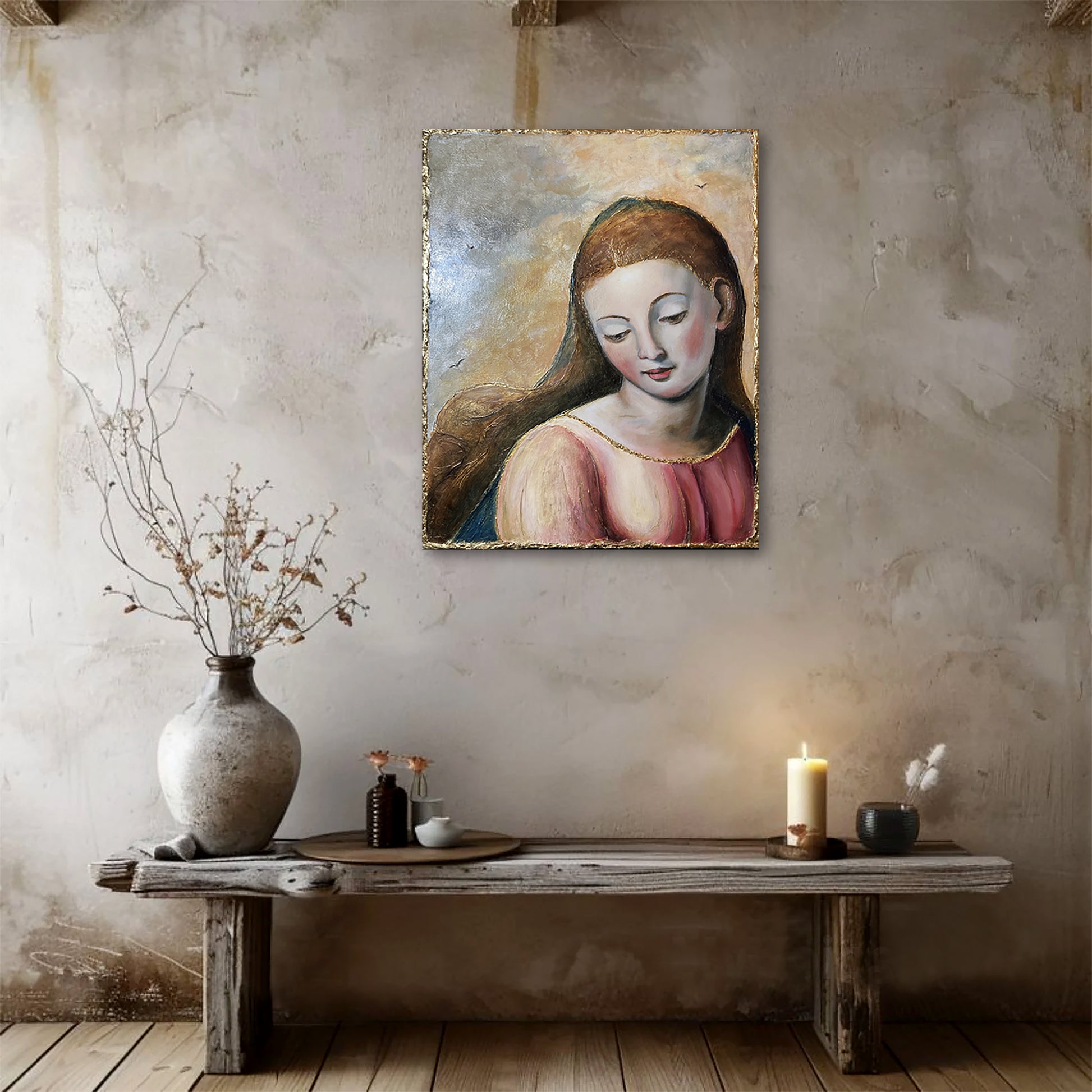 Renaissance Madonna on a textured wall above a wooden bench with decorative items.