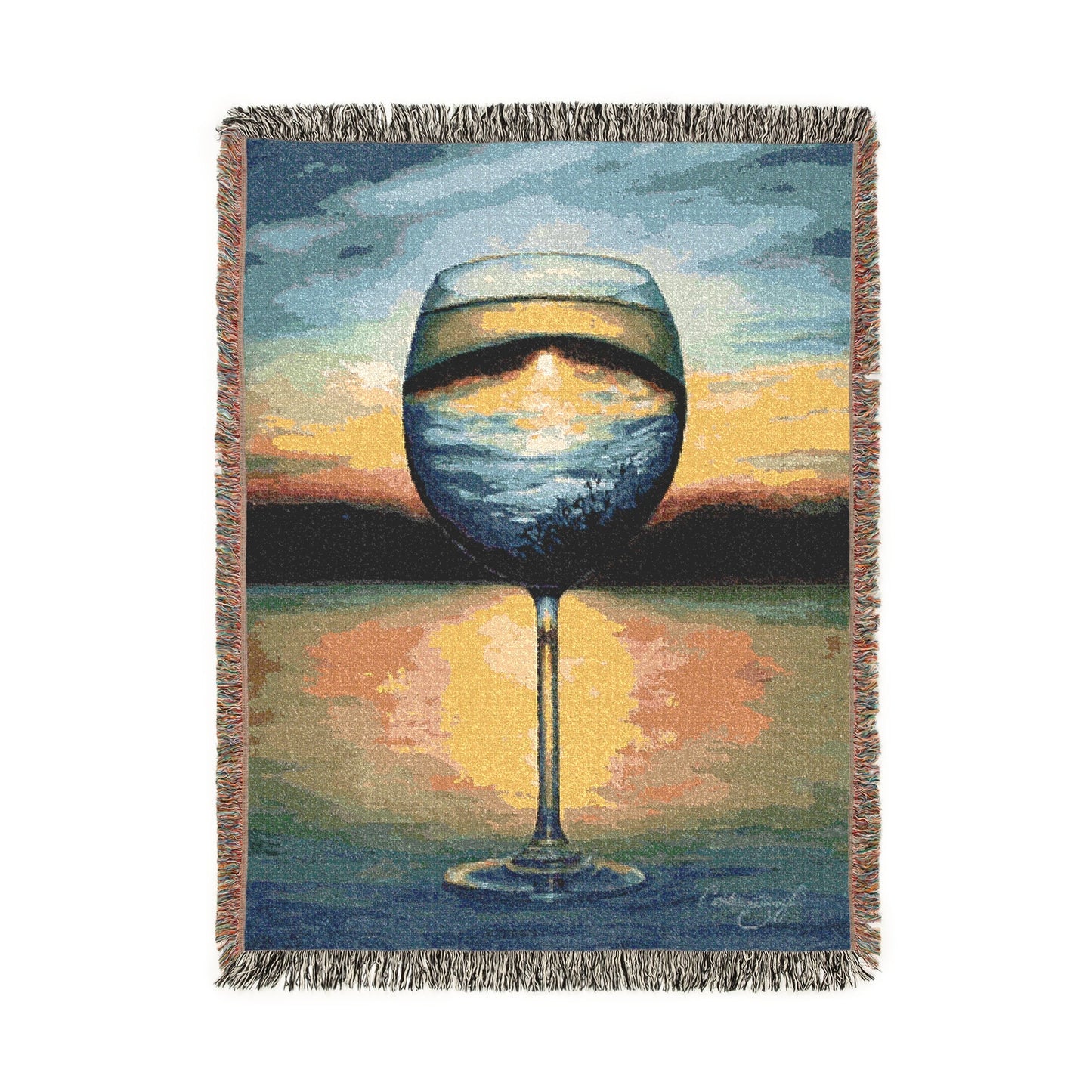 sunset in a glass cotton throw 37x52 front view with glowing sunset artwork