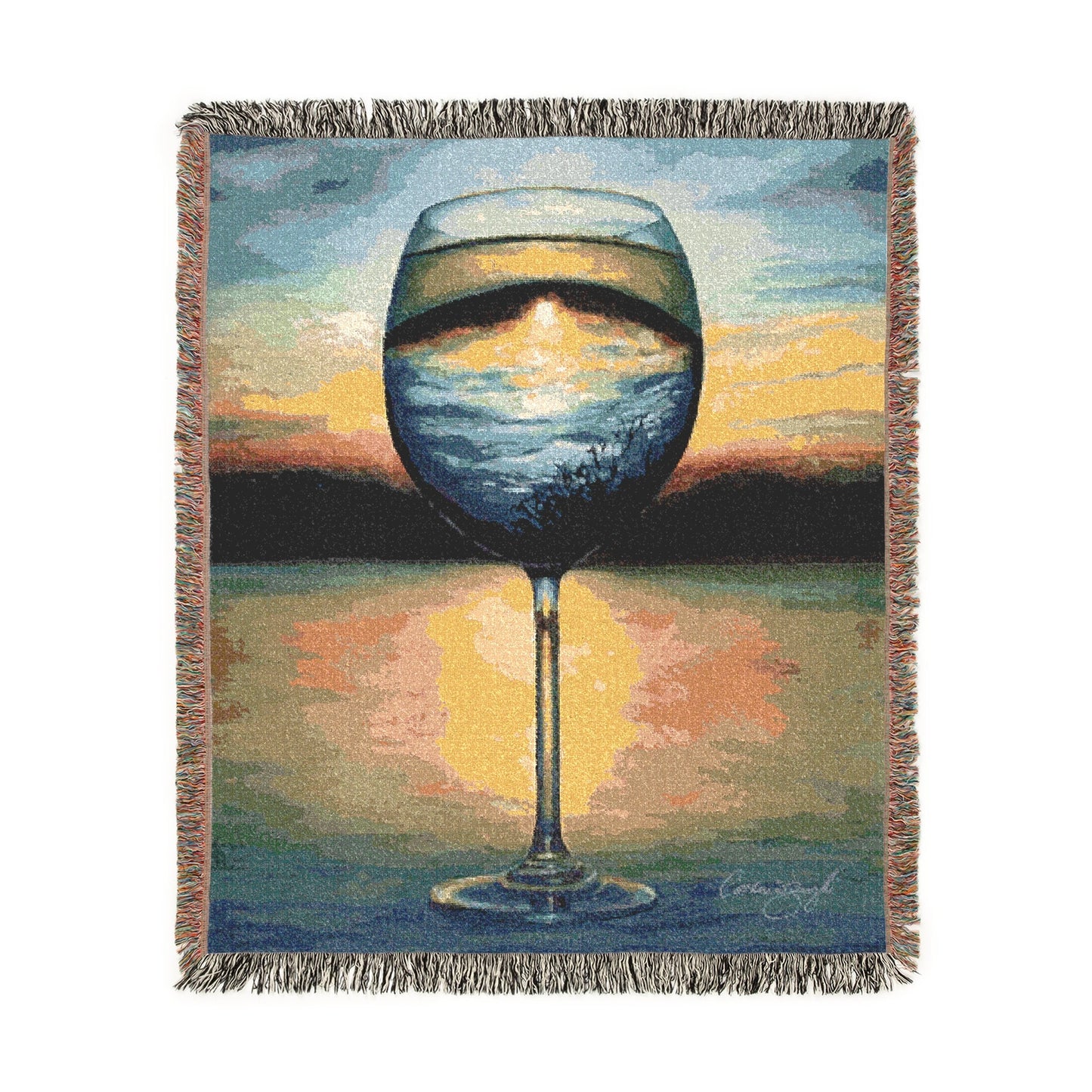 sunset in a glass on beach, cotton throw 50x 60 hront view with glowing sunset artwork