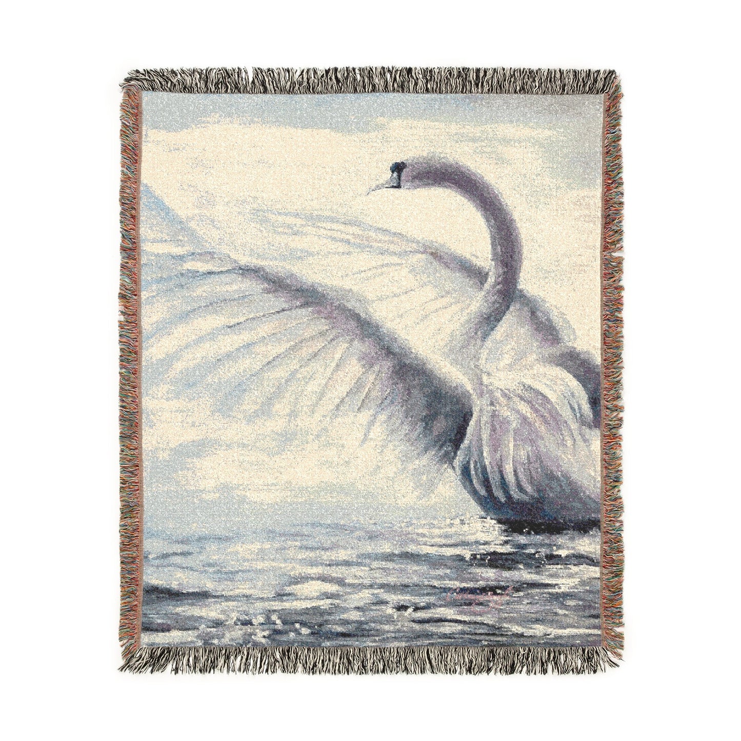 Swan Serenade cotton woven art throw featuring a graceful swan spreading its wings over shimmering water. Size 50x60 inches