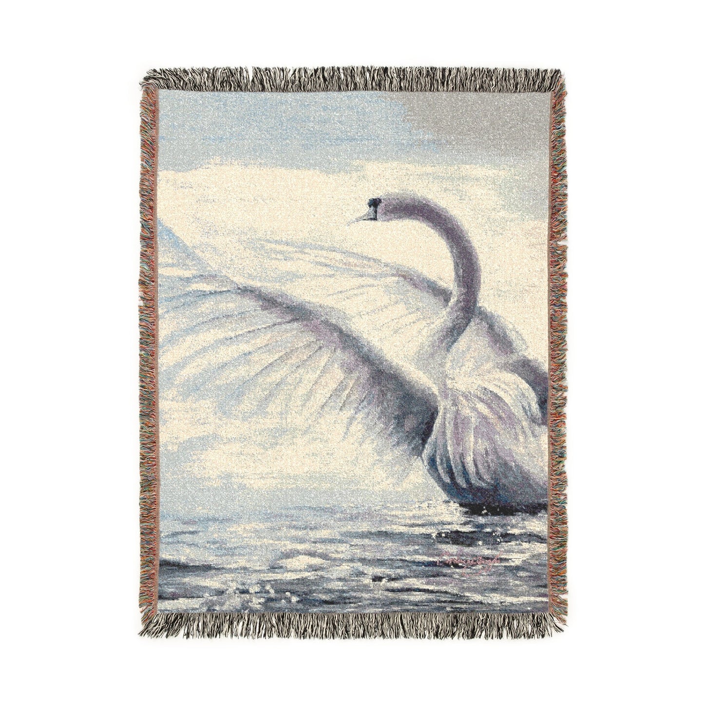 Swan Serenade cotton woven art throw featuring a graceful swan spreading its wings over shimmering water. Size 37x52 inches