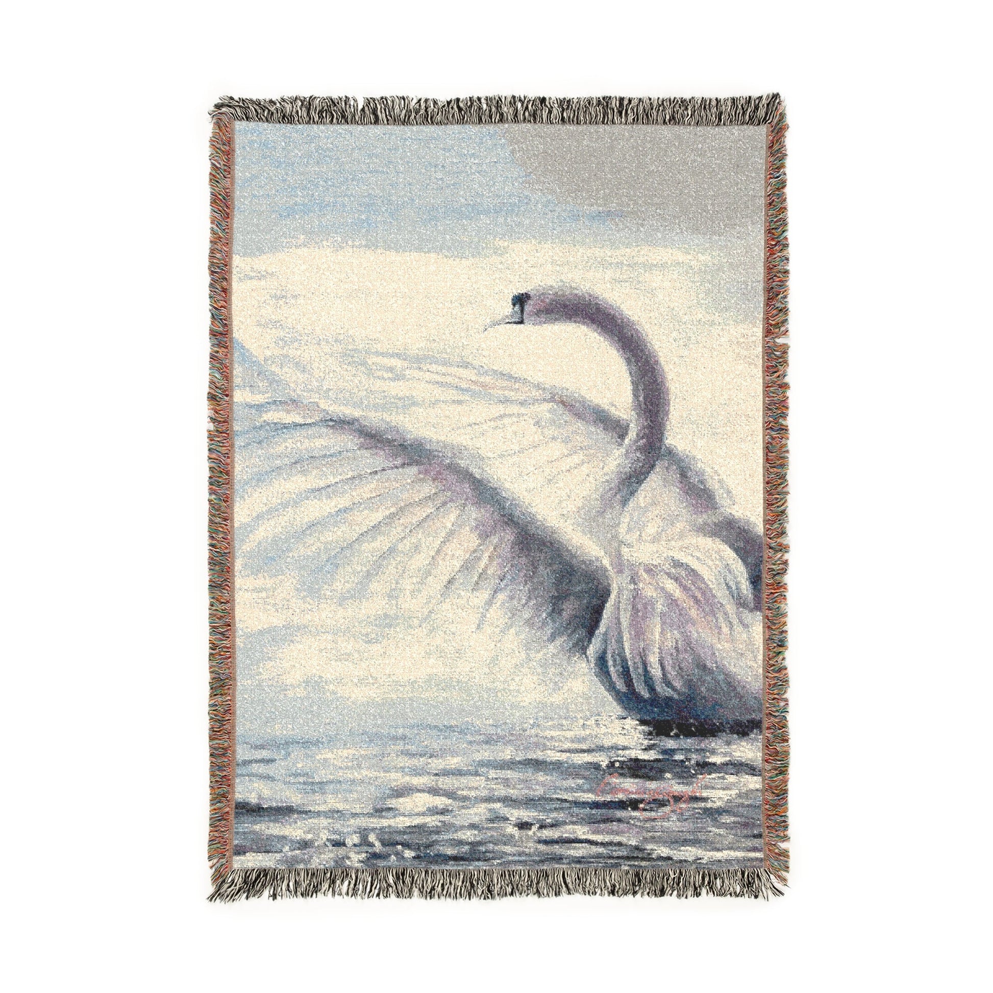 Swan Serenade cotton woven art throw featuring a graceful swan spreading its wings over shimmering water. Size 60x80 inches